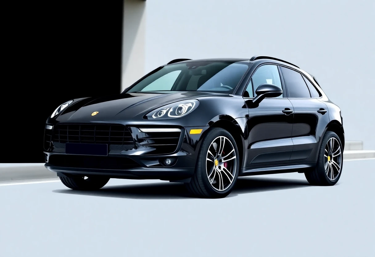 Porsche Macan GTS, SUV compact sportif de couleur noire, vue de trois-quarts avant